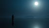 An angler fishing under moonlight on a quiet lake