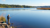 A serene fishing spot with a lake and a fisherman