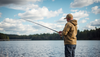 A beginner angler casting a fishing line by a lake