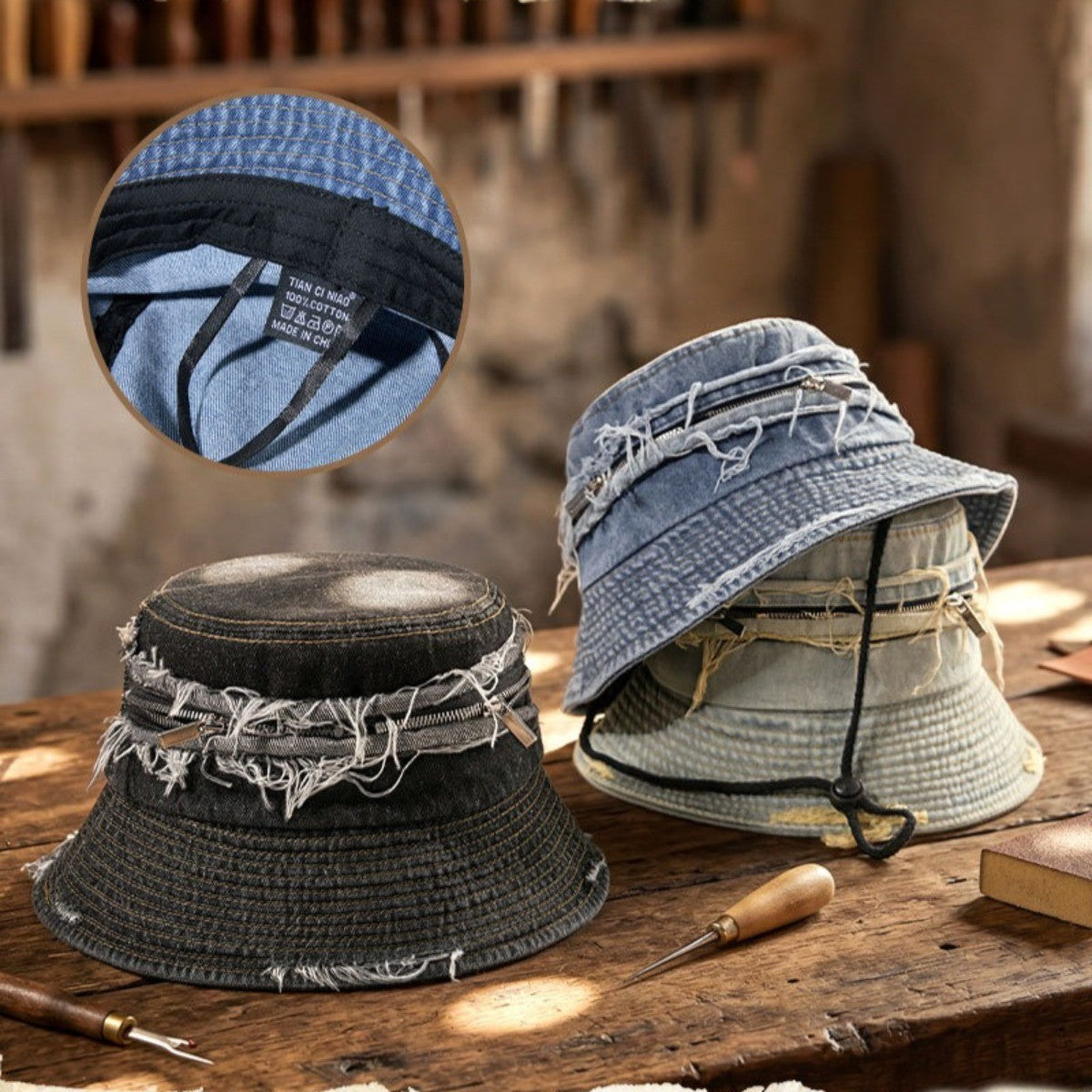 Cotton Bucket Hat for Men Women - Zipper Sun Protection Hat