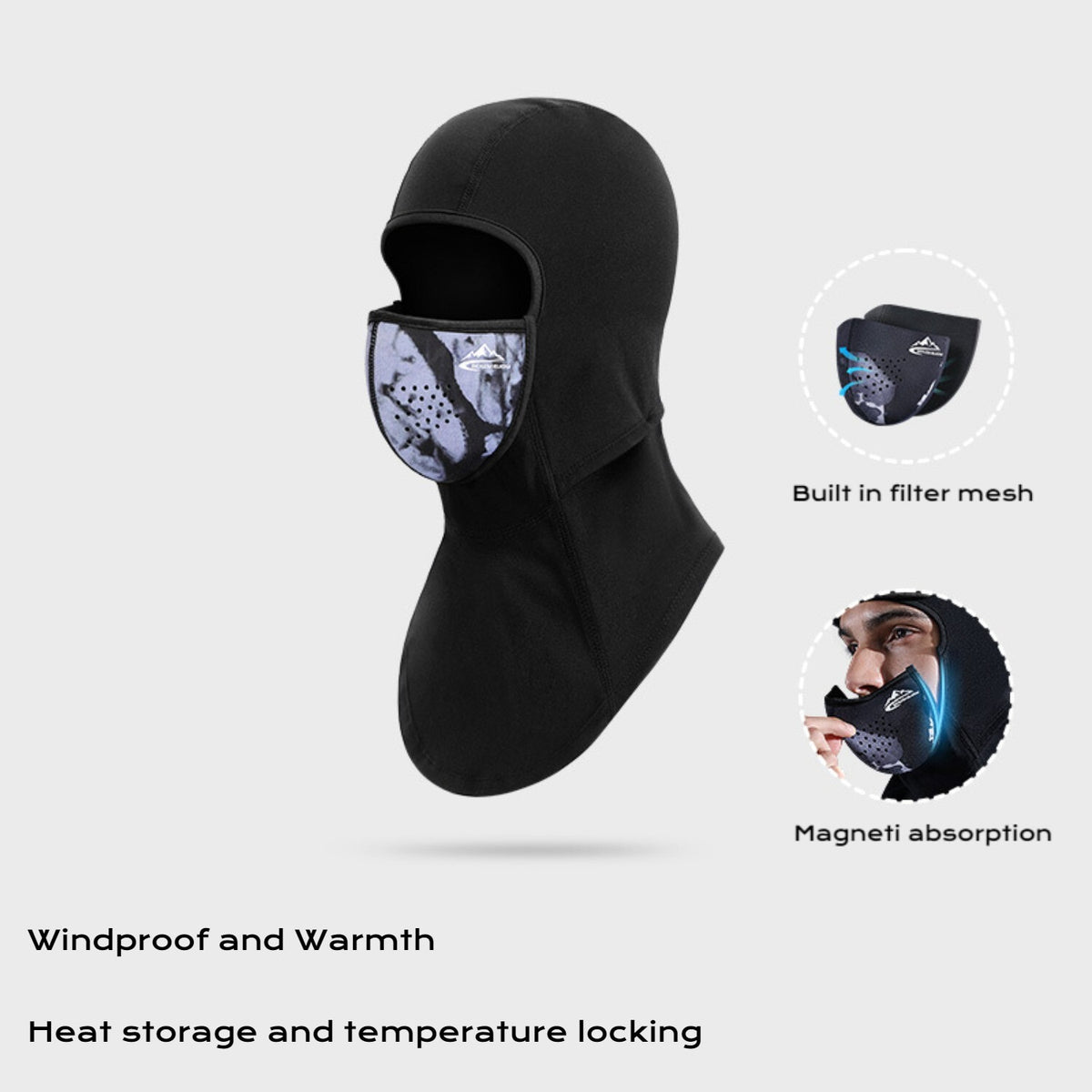 Movagear black winter balaclava with magnetic mask featuring built-in filter mesh for windproof warmth