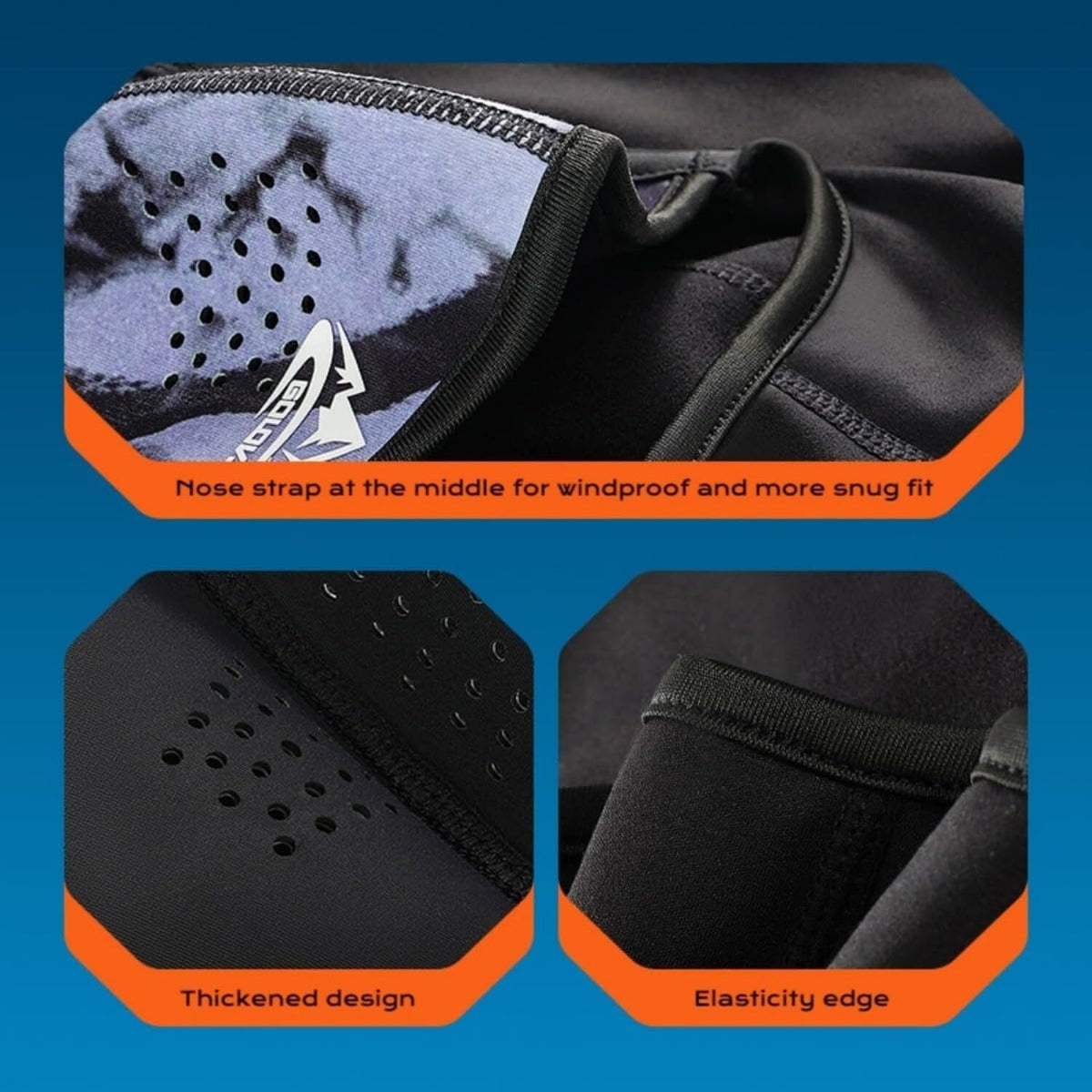 Close-up details of Movagear winter balaclava with magnetic mask showing nose strap, thickened design, and elastic edge