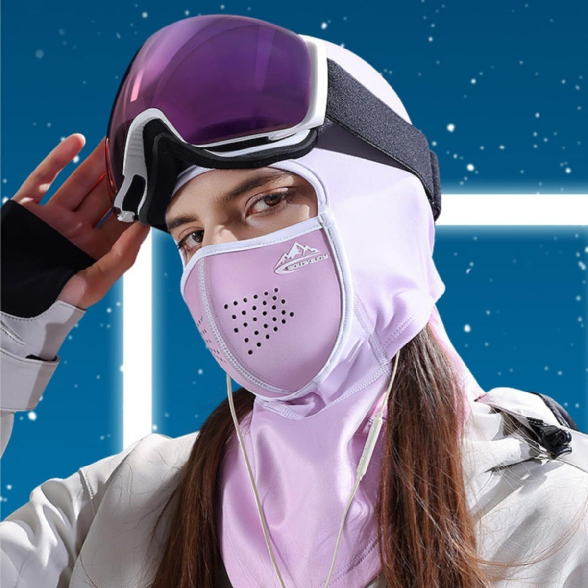Movagear winter balaclava with magnetic mask in light purple worn with ski goggles for cold weather