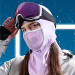 Movagear winter balaclava with magnetic mask in light purple worn with ski goggles for cold weather