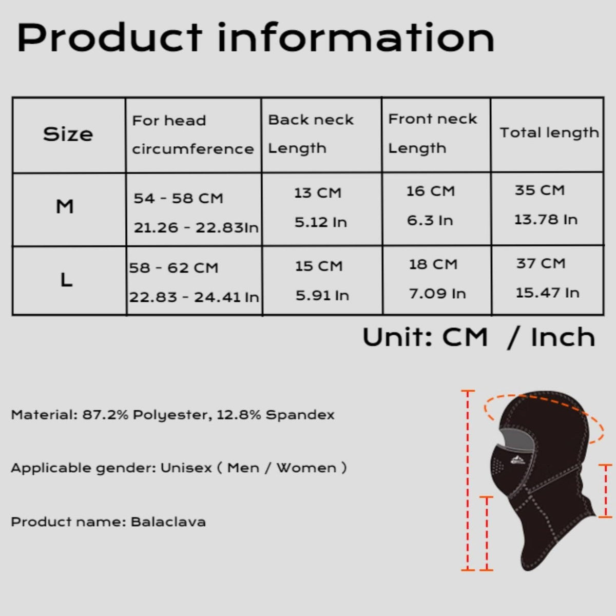 Movagear winter balaclava with magnetic mask size chart and material details for unisex use