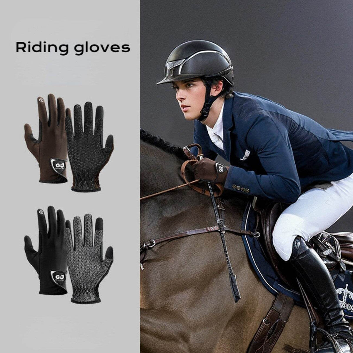 Movagear riding gloves shown in brown and black with textured grip, modeled by a rider on horseback