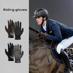 Movagear riding gloves shown in brown and black with textured grip, modeled by a rider on horseback