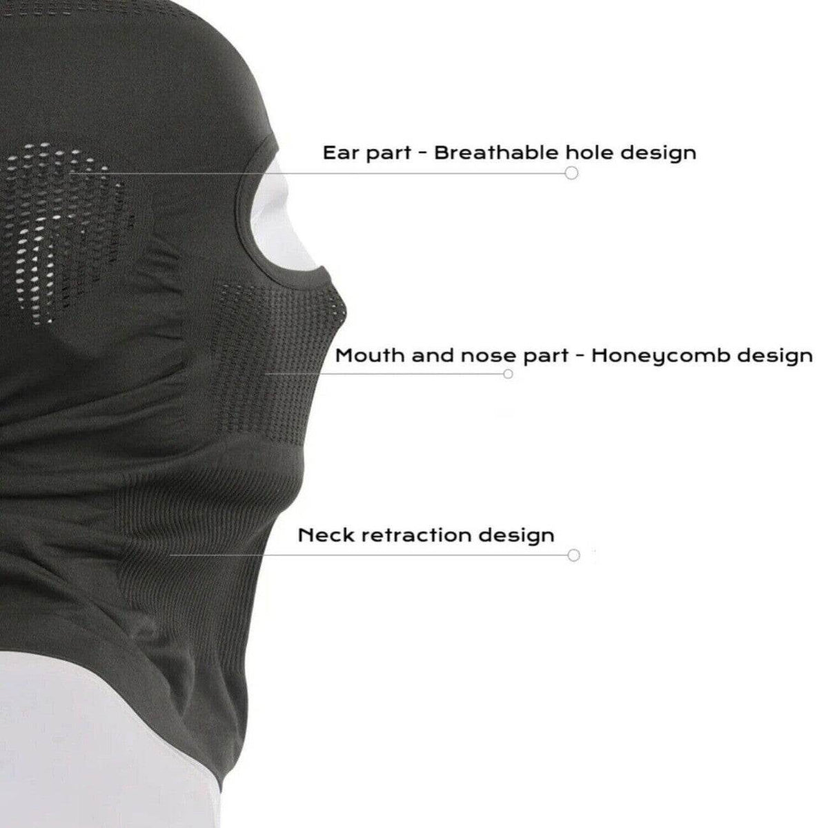 Movagear black balaclava with breathable ear holes honeycomb mouth and nose design and neck retraction feature