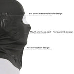 Movagear black balaclava with breathable ear holes honeycomb mouth and nose design and neck retraction feature