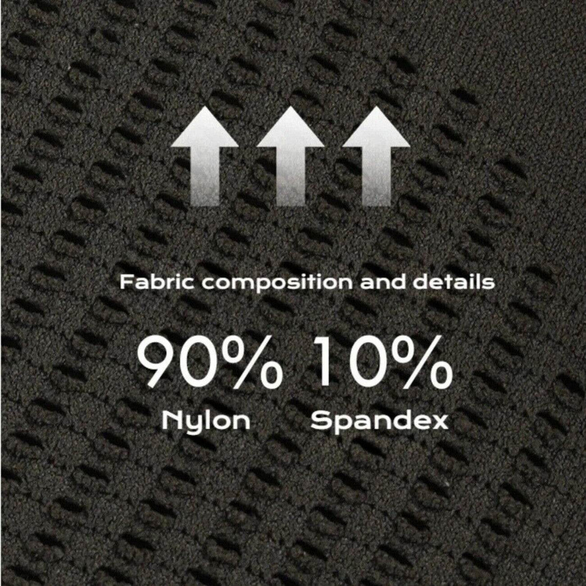 Close-up of black fabric texture with 90 percent nylon and 10 percent spandex composition details