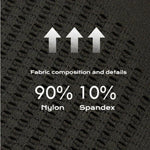 Close-up of black fabric texture with 90 percent nylon and 10 percent spandex composition details