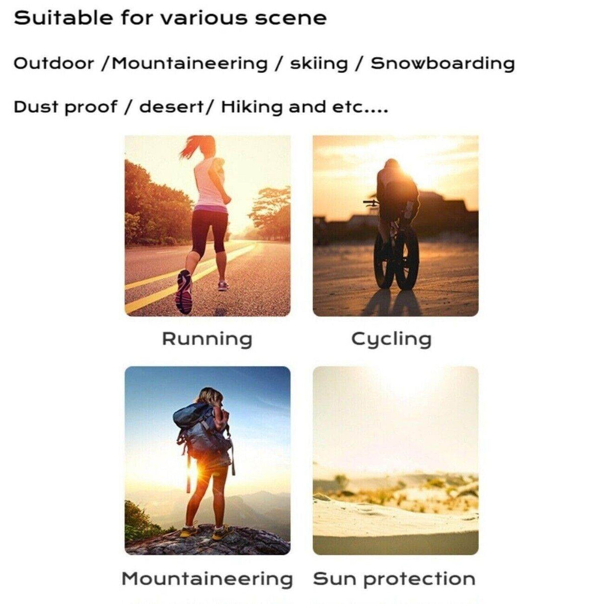 Outdoor activities including running, cycling, mountaineering, and sun protection with Movagear gear